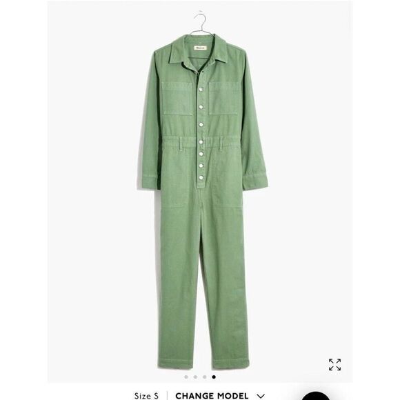 WOMEN'S SMALL MADEWELL GARMENT DYED RELAXED COVERALL JUMPSUIT IN PALE EVERGREEN - Picture 1 of 13